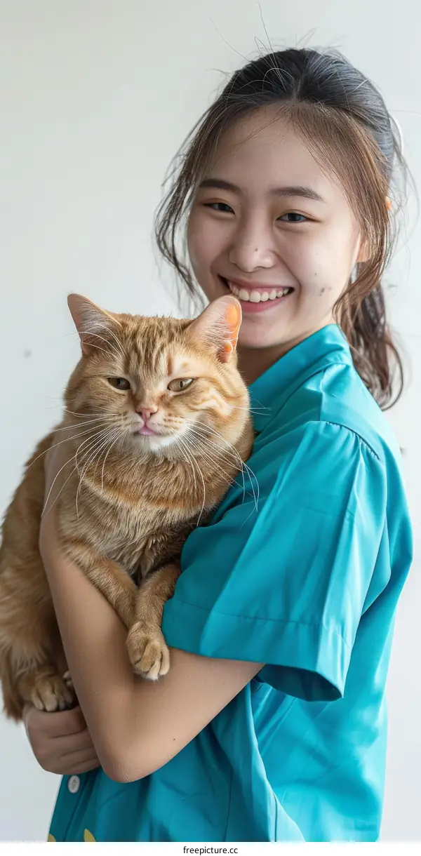 Girl in blue uniform holding an orange cat
