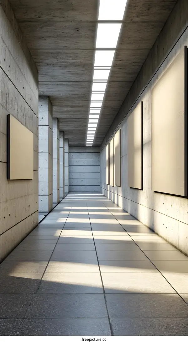 Concrete Corridor With Sunlight Shining Through Skylight