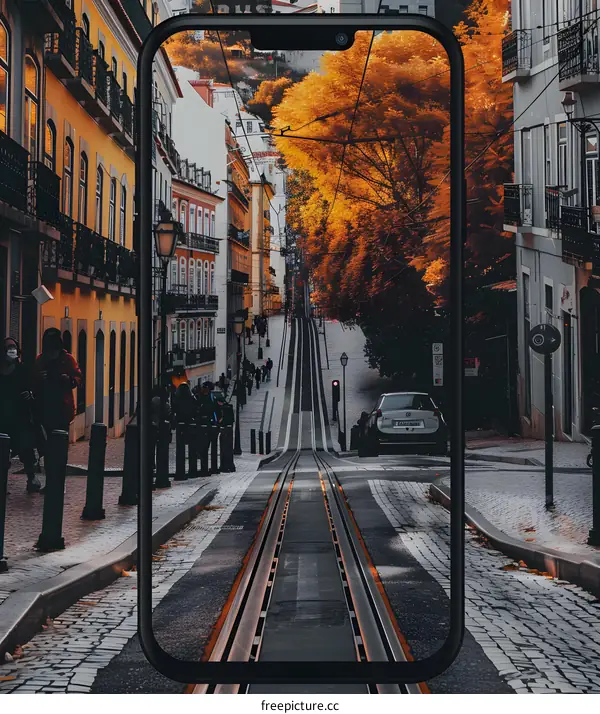 Street View of a European City with Tram Tracks