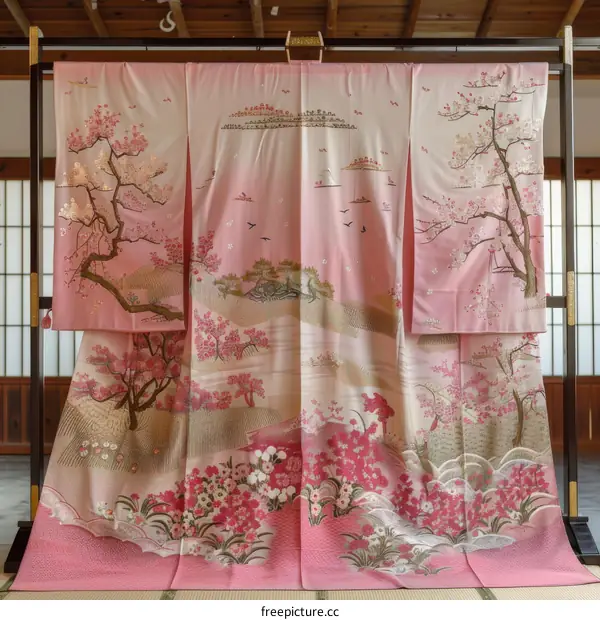 A kimono with a pattern of cherry blossoms and birds