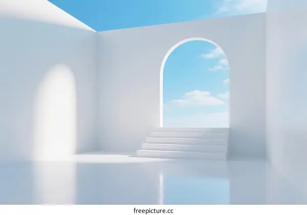 Minimalist White Room with Arched Door and Blue Sky View