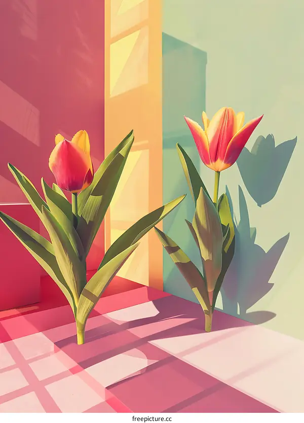 Minimalist Still Life with Tulips and Colored Backgrounds