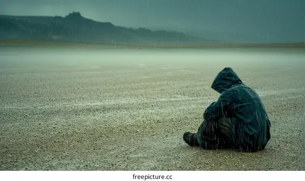 Man in black raincoat sits on the beach in the rain