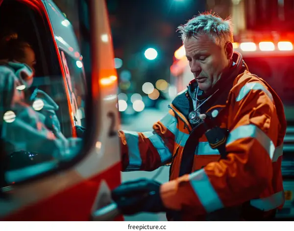 paramedic opening ambulance door at night
