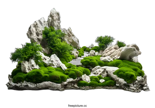 [Transparent Background PNG]Green Moss And White Stones Landscape Decoration