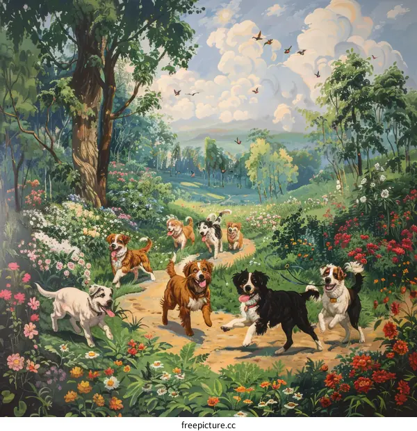 A group of dogs running in a field of flowers