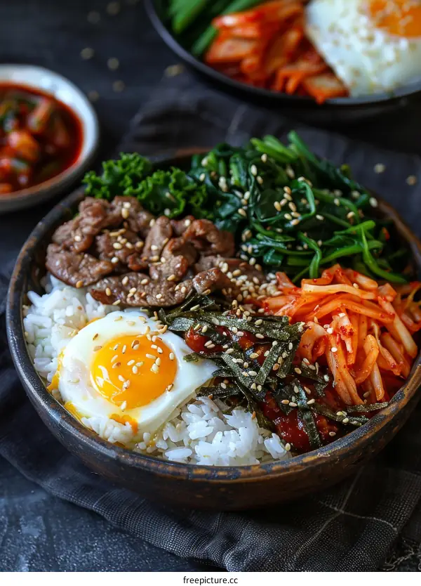 Mouthwatering Korean Beef Bowl with Rice, Veggies, Egg, and Kimchi
