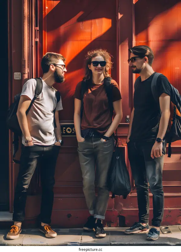 Three Friends Standing Outside a Red Door