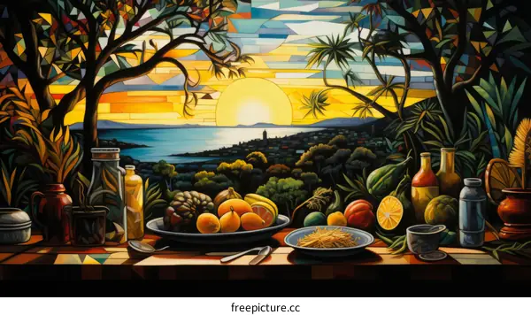 A Colorful Still Life Painting with a Mediterranean Landscape