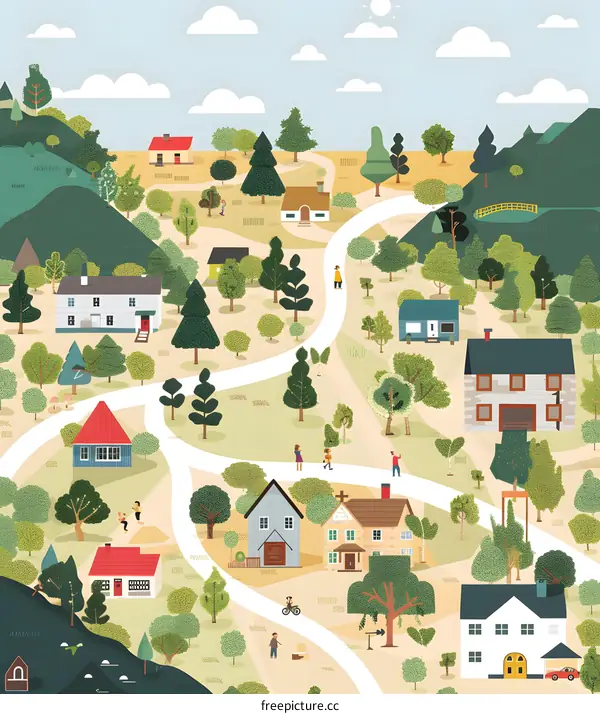 Cute Cartoon Illustration of a Small Village with Winding Road and Houses