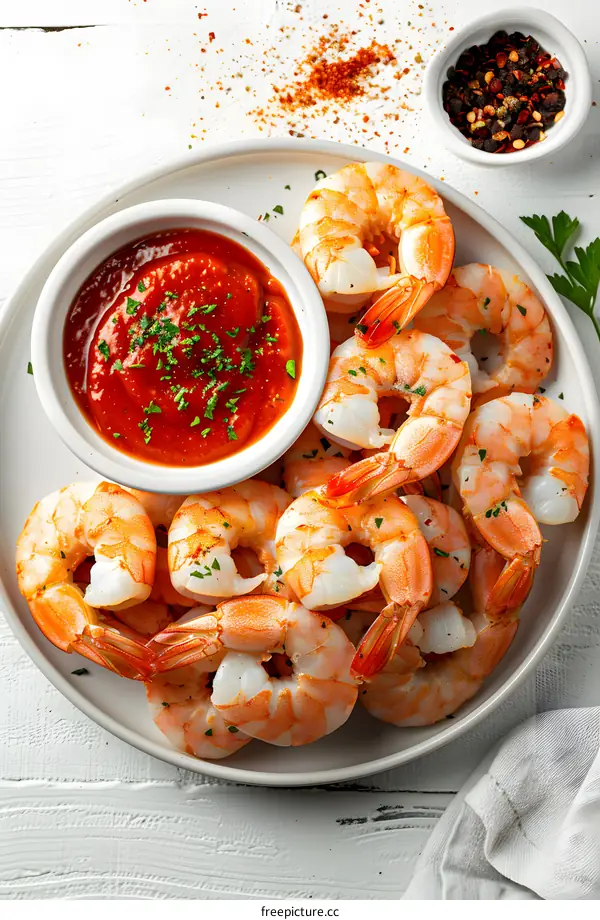 Plate of Cooked Shrimp with Cocktail Sauce