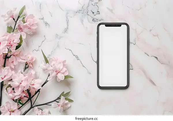 Pink Flowers and Smartphone on Marble Background