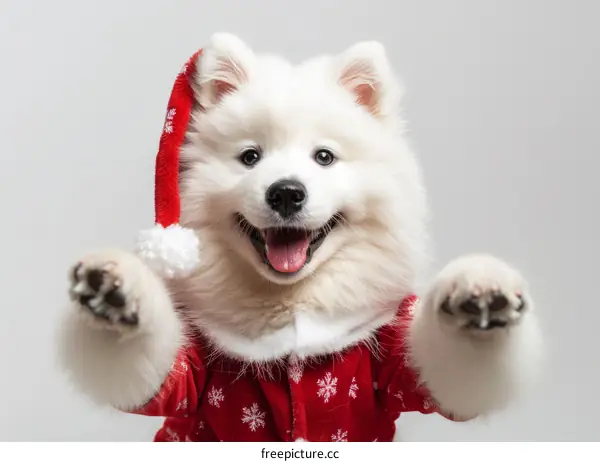 Samoyed dog wearing a Santa hat