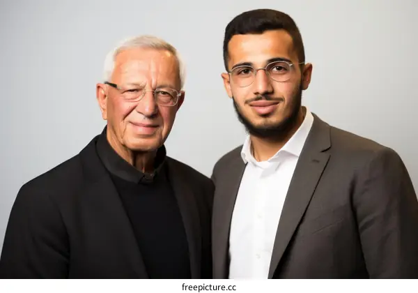 Portrait of an older man and a younger man, both wearing glasses and suits
