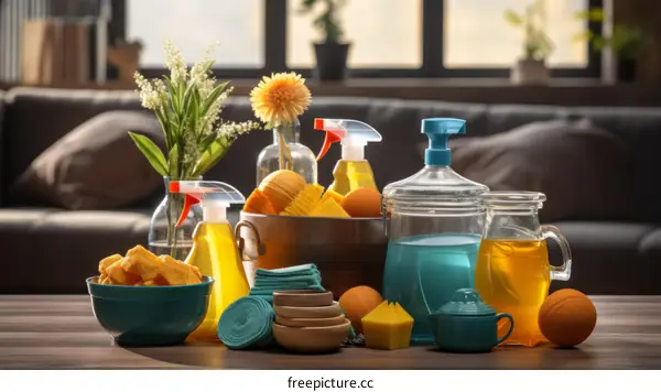 Cleaning Supplies on a Table in Front of a Couch