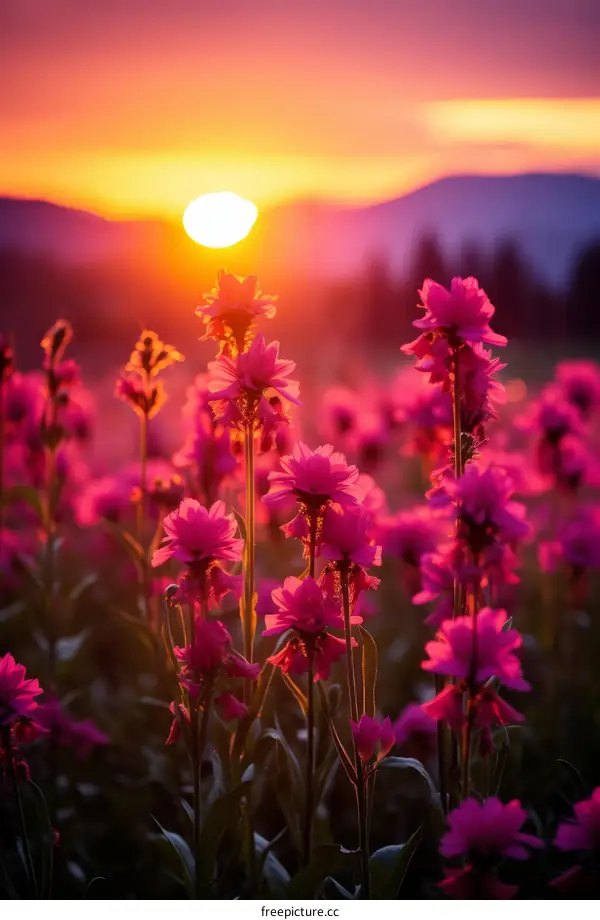 Field of pink flowers with a sunset in the background
