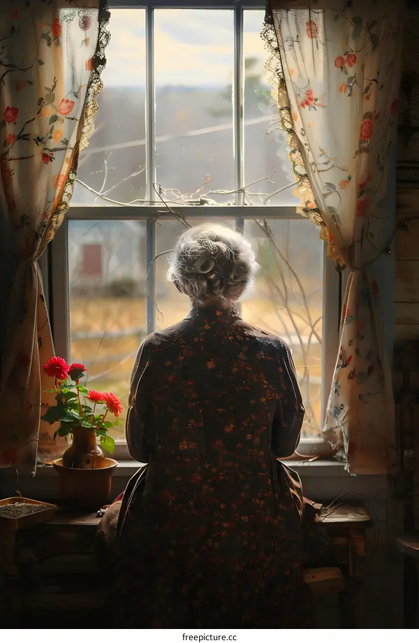 Woman Looking Out Window in Vintage Home