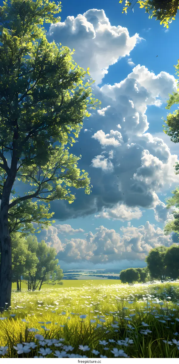 The sky, trees and grassland