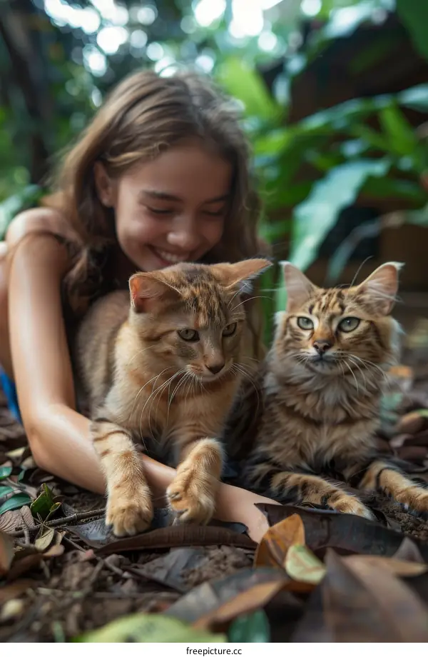 a girl is lying on the ground with two cats
