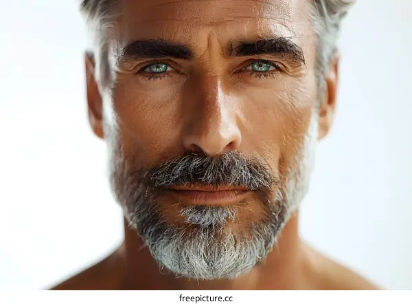 Close Up Portrait Of Handsome Man With Grey Beard Looking At Camera