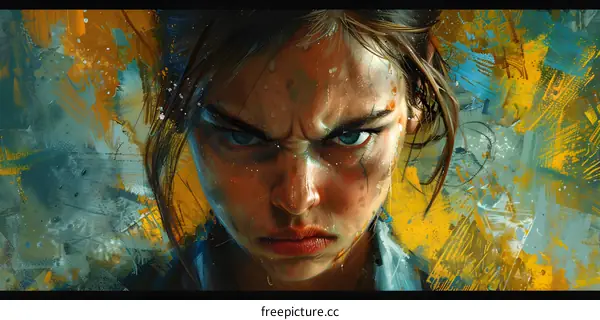 Portrait of a young woman with brown hair and green eyes, with a yellow and blue background