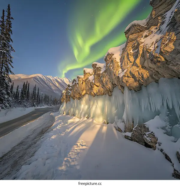 Aurora Borealis Over Snow Covered Mountains and Icicles