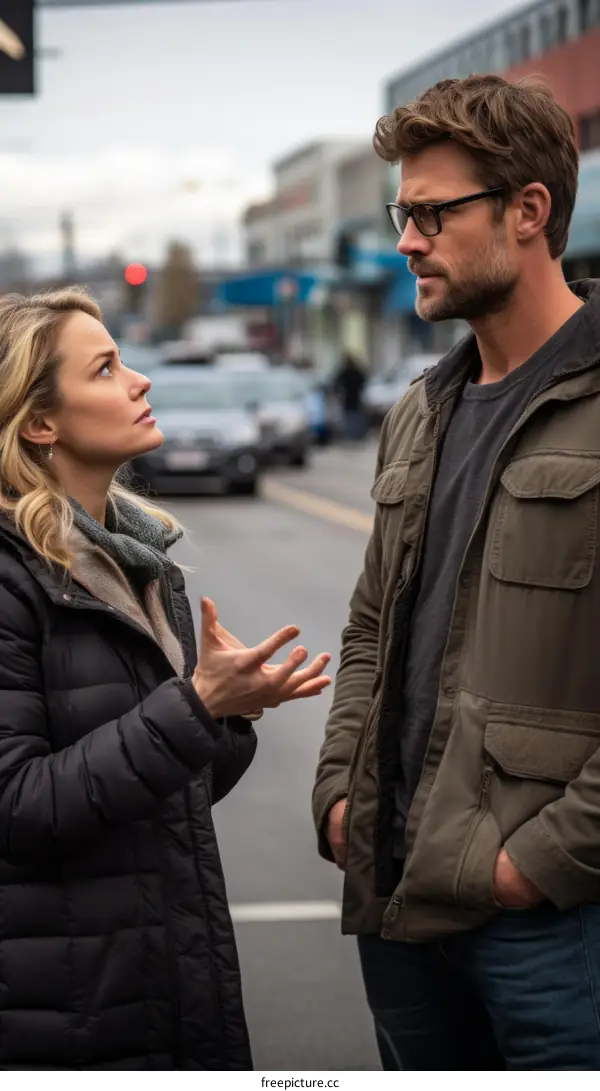 A man and a woman having a serious conversation on a city street