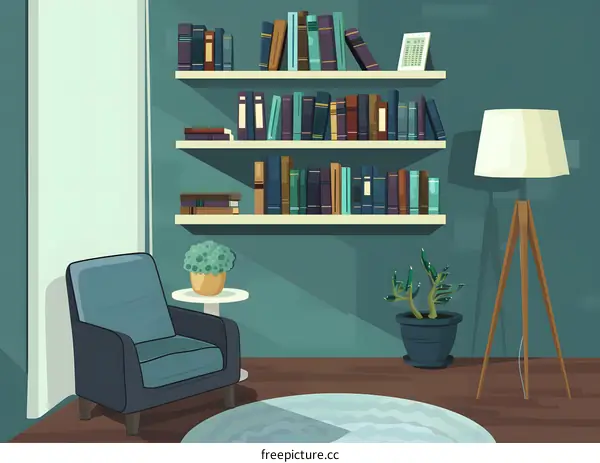 Cozy Living Room with Armchair and Bookshelf