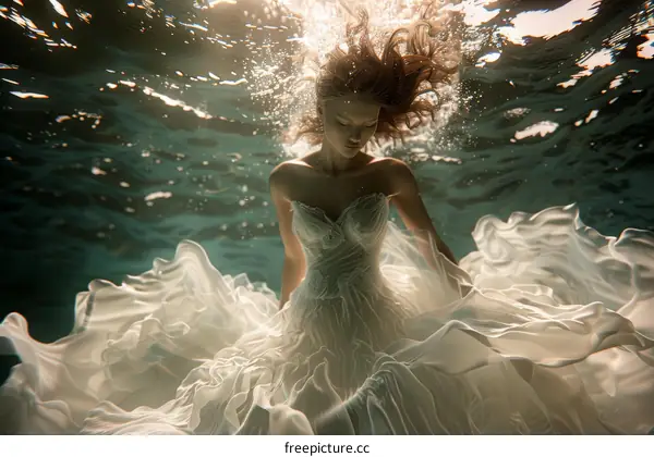 Serene Underwater Portrait of a Woman in a Flowing White Gown