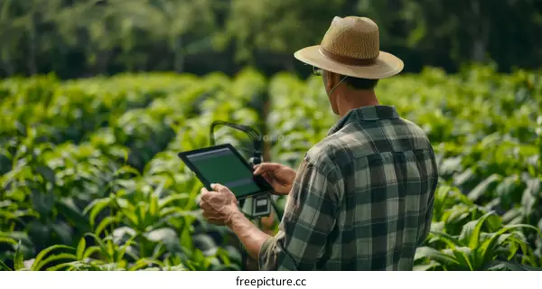 A farmer is using a tablet to monitor his crops in the field.