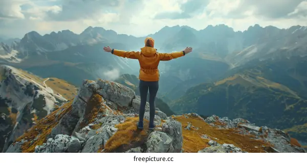 Young woman standing on a mountaintop with her arms outstretched enjoying the view