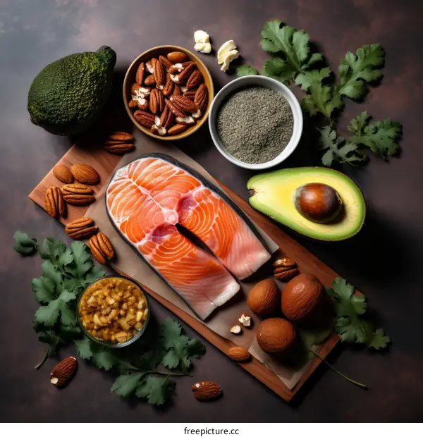 Healthy Food Ingredients: Avocado, Fish, Greens, Nuts