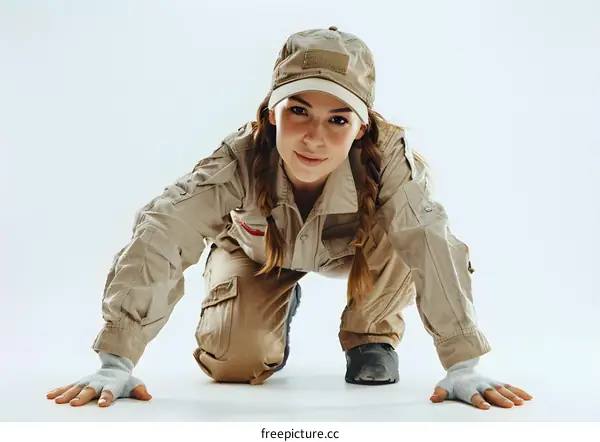 Woman in Military Uniform Ready for Action