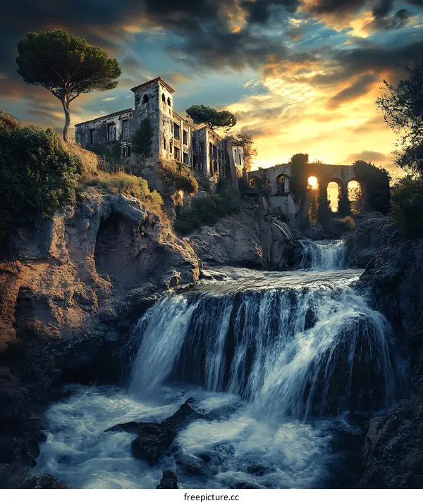 Waterfall and Ruins at Sunset