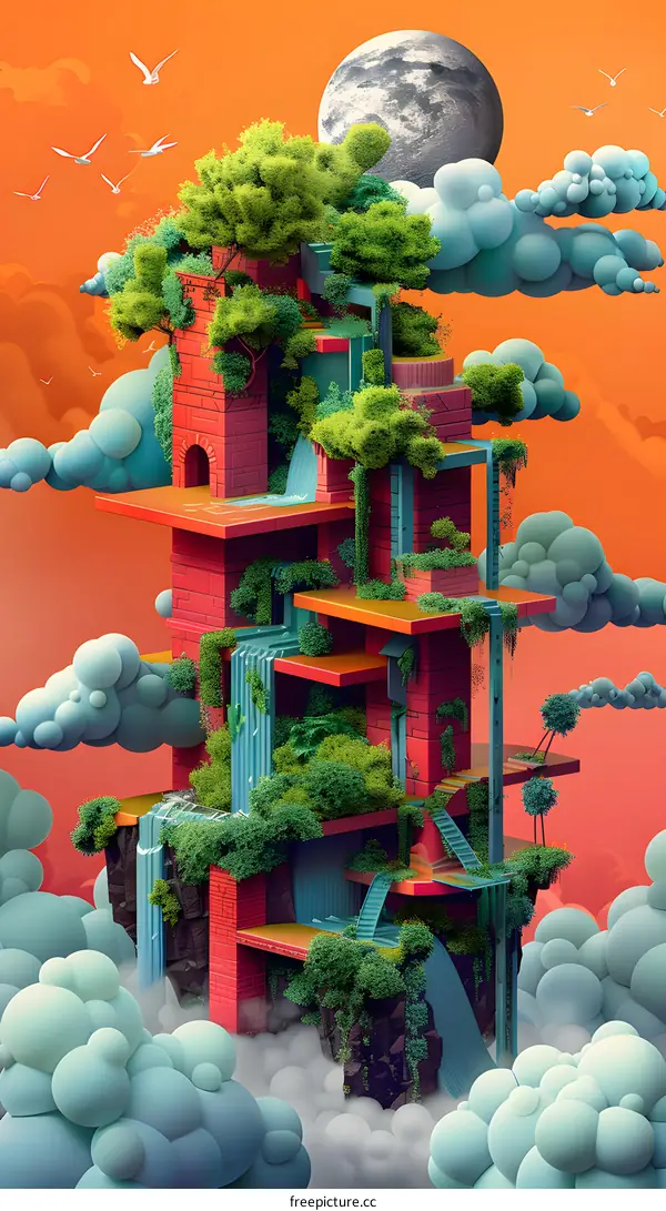 A surreal floating building with trees and waterfalls