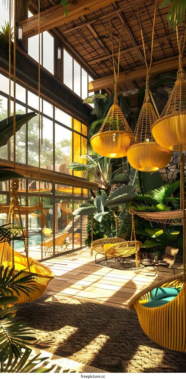 Tropical Modern Home Interior Design with Wicker Hanging Chairs