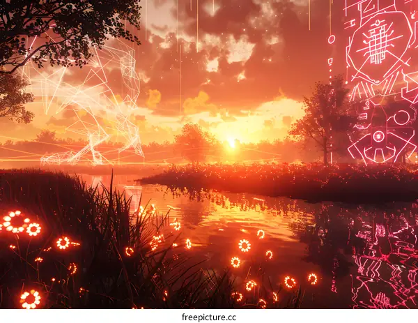 Fantasy landscape with glowing flowers and a deer made of light