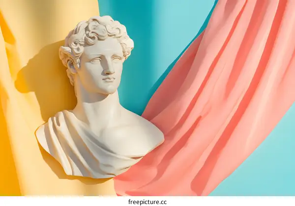 White Marble Bust of Greek God on Colorful Fabric Background