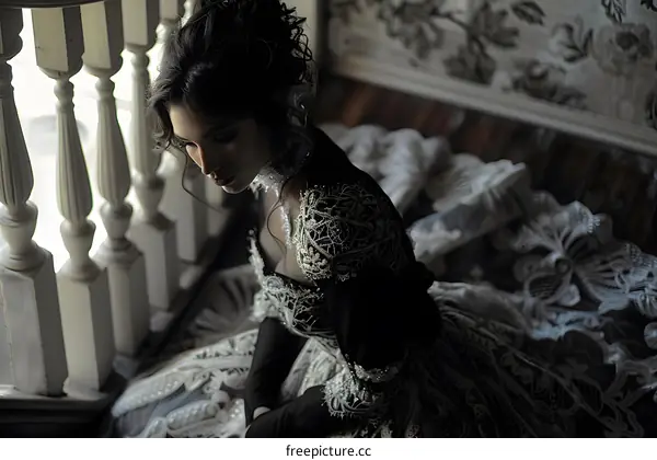 portrait of a beautiful woman in a black dress with lace and pearls