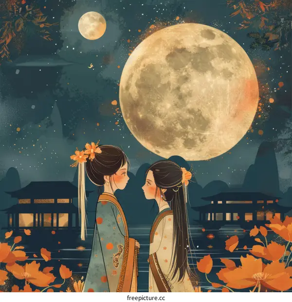 Two Women in Traditional Chinese Clothing Under the Full Moon