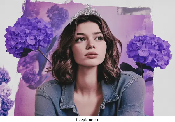 A Woman in a Purple Floral Collage Portrait
