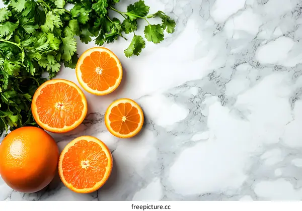 Fresh Oranges and Cilantro on Marble Background