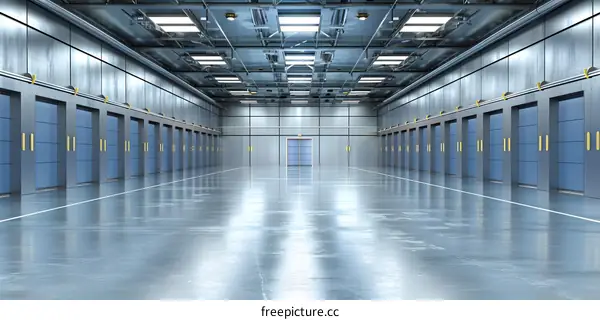 Modern Industrial Garage with Rows of Blue Doors