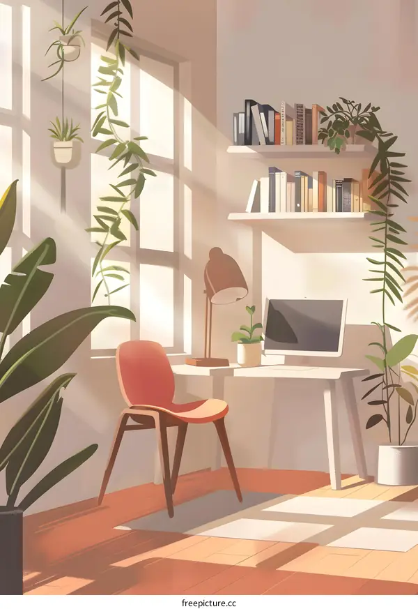 Illustration of a Cozy Home Office with Natural Light