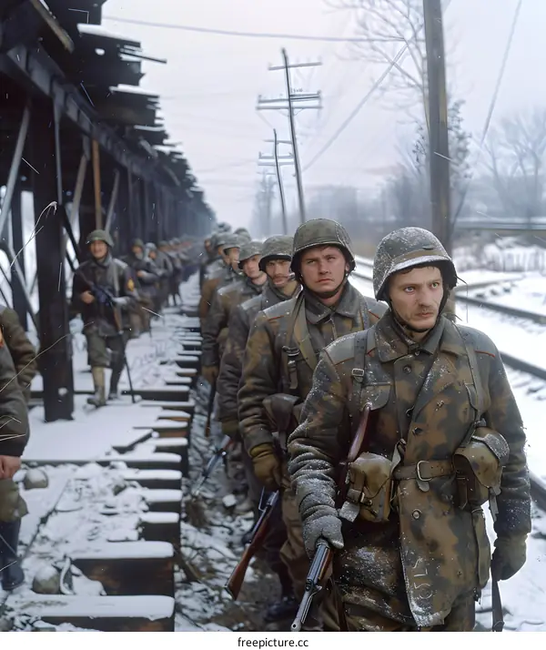 A group of soldiers walking on a snowy railroad track during the Korean War
