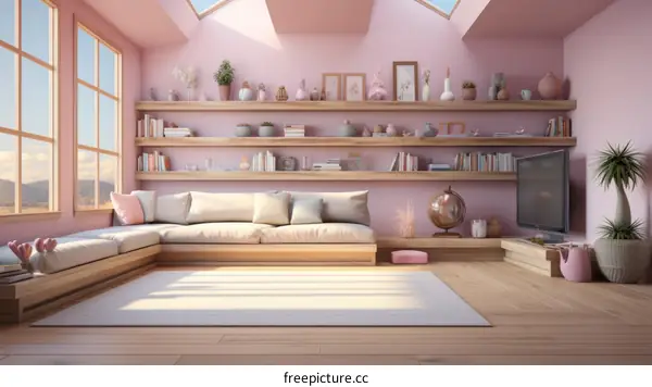 A cozy living room with a large sofa, a TV, and a lot of bookshelves.