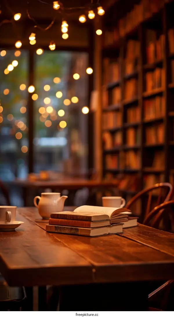 Books on a wooden table in a library