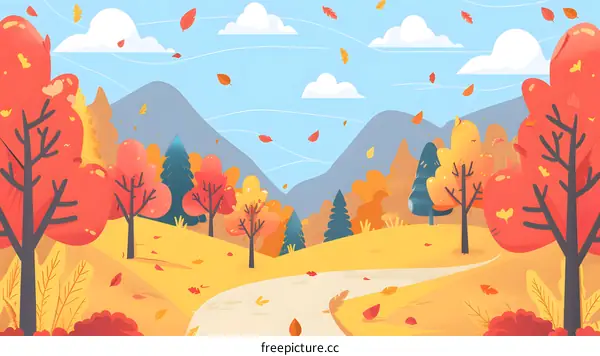 Autumn Forest Path with Falling Leaves