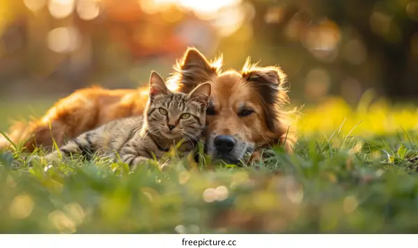 A ginger cat and a brown dog lying on the grass together