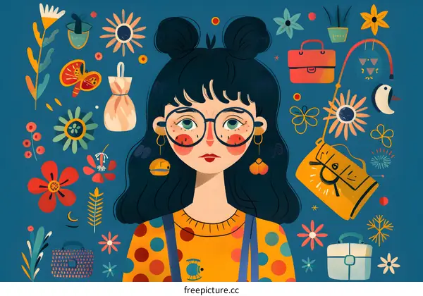 Girl with Glasses and Polka Dot Shirt Surrounded by Flowers